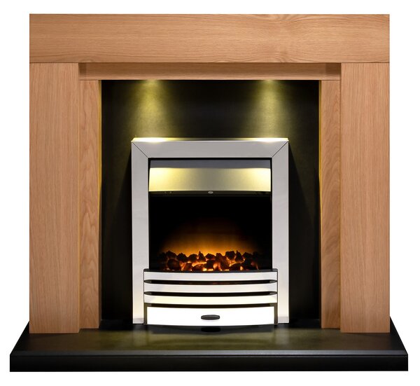 Adam Montana Fireplace Surround & Eclipse Electric Fire with Downlights & Flat to Wall Fitting - Oak, Black & Chrome