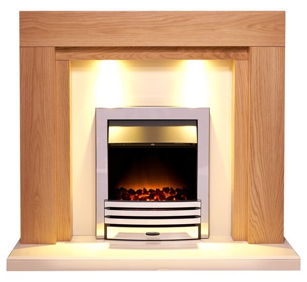 Adam Montana Fireplace Surround & Eclipse Electric Fire with Downlights & Flat to Wall Fitting - Oak, Cream & Chrome