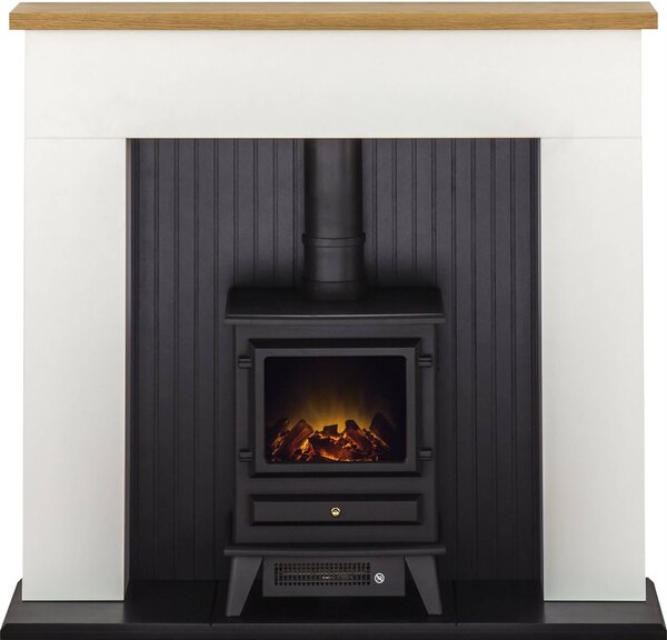 Adam Innsbruck Fireplace Surround & Hudson Electric Stove with Flat to Wall Fitting - White & Black