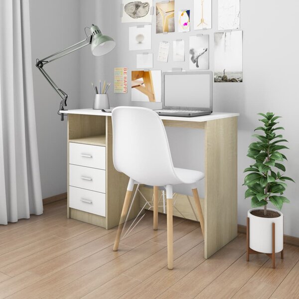 Desk with Drawers White and Sonoma Oak 110x50x76 cm Engineered Wood