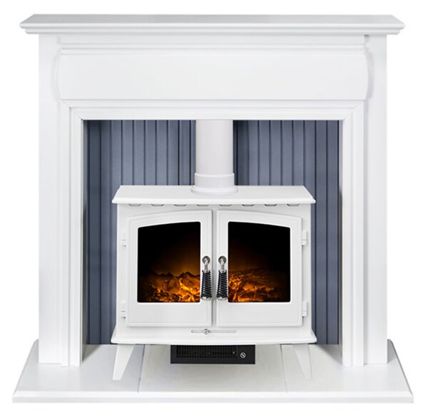 Adam Florence Fireplace Surround & Woodhouse Electric Stove with Flat to Wall Fitting - White