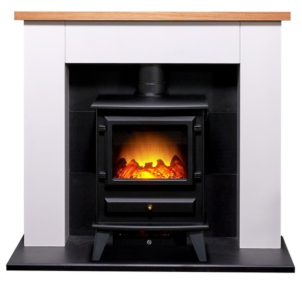 Adam Chester Fireplace Surround & Hudson Electric Stove with Flat to Wall Fitting - White & Black