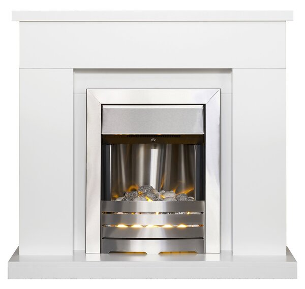 Adam Lomond Fireplace Surround & Helios Electric Fire with Flat to Wall Fitting - White & Brushed Steel