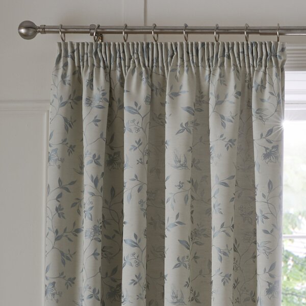 Trailing Bird Jacquard Duck Egg Pencil Pleat Curtains Blue and Grey