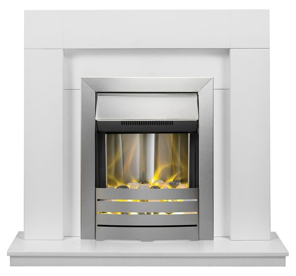 Adam Malmo Fireplace Surround & Helios Electric Fire with Flat to Wall Fitting - White & Brushed Steel