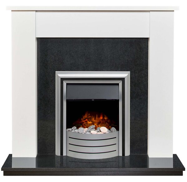 Adam Buxton Fireplace Surround & Lynx Electric Fire with Flat to Wall Fitting - White & Black Granite