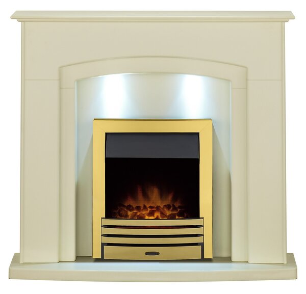 Adam Falmouth Fireplace Surround & Eclipse Electric Fire with Downlights & Flat to Wall Fitting - Cream & Brass