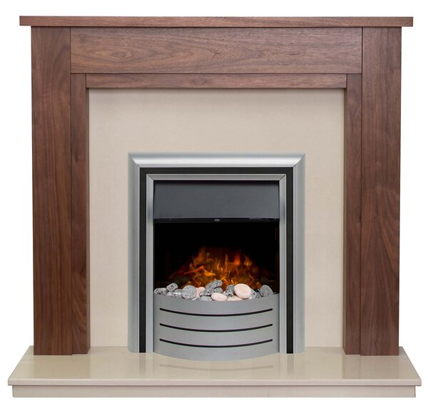 Adam Sudbury Fireplace Surround & Lynx Electric Fire with Downlights & Inset Fitting - Walnut, Beige Marble & Chrome
