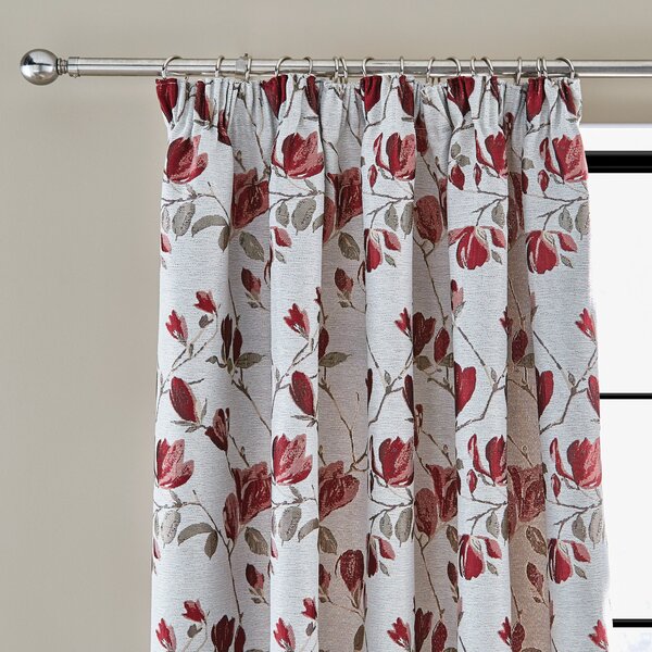 Ellis Floral Jacquard Red Pencil Pleat Curtains Red, Blue and Brown