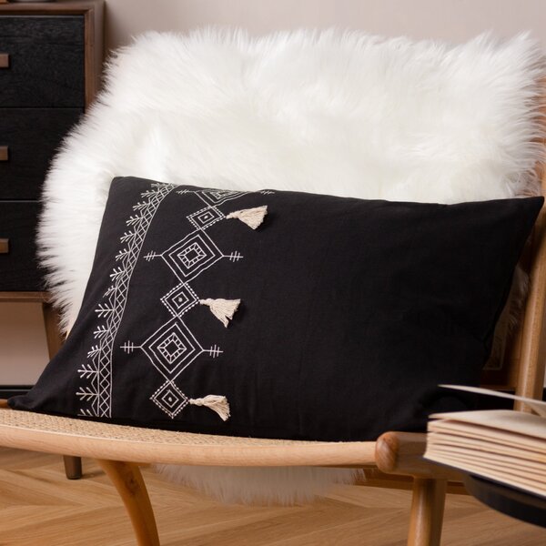 Furn. Pritta Cotton Embroidered Tasselled 40cm x 60cm Filled Boudoir Black