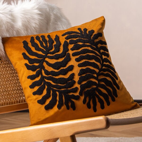 Furn. Maldive Botanical Velvet Tufted 45cm x 45cm Filled Cushion Ginger