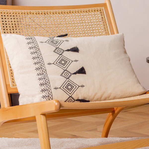 Furn. Pritta Cotton Embroidered Tasselled 40cm x 60cm Filled Boudoir Natural