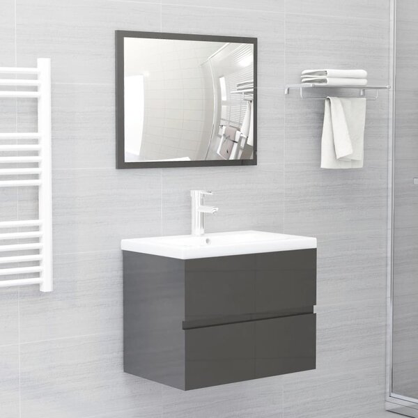2 Piece Bathroom Furniture Set High Gloss Grey Engineered Wood