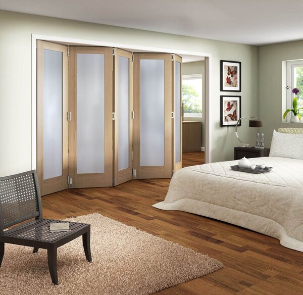 Obscure Glazed Oak Veneer 5 Door Internal Room Divider - 3158mm Wide