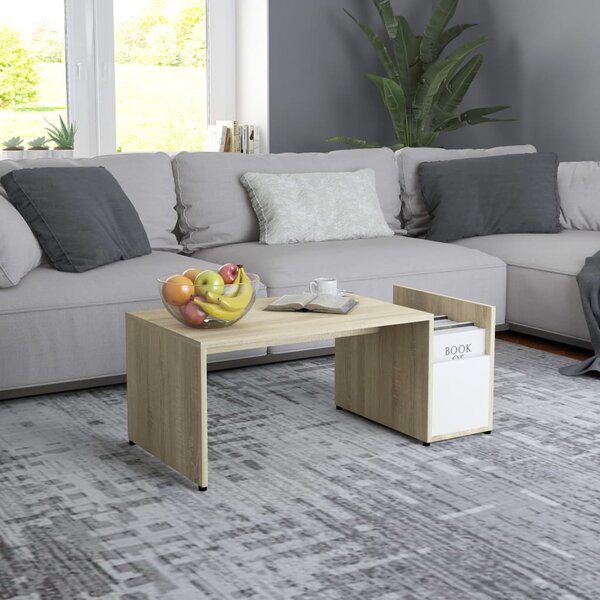 Coffee Table White and Sonoma Oak 90x45x35 cm Engineered Wood