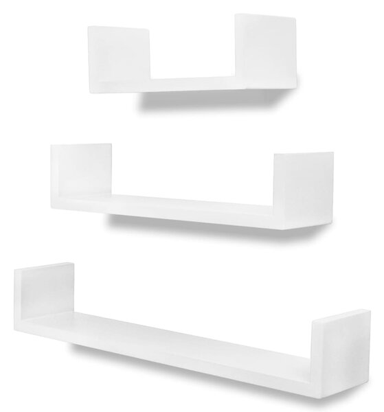 3 White MDF U-shaped Floating Wall Display Shelves Book/DVD Storage