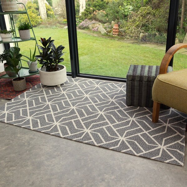 Grey Geometric Woven Sustainable Recycled Cotton Rug - Kendall - 55cm x 110cm