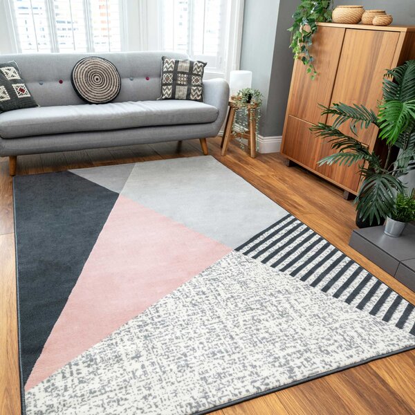 Pink Grey Modern Geometric Bedroom Rug - Milan - 60cm x 110cm