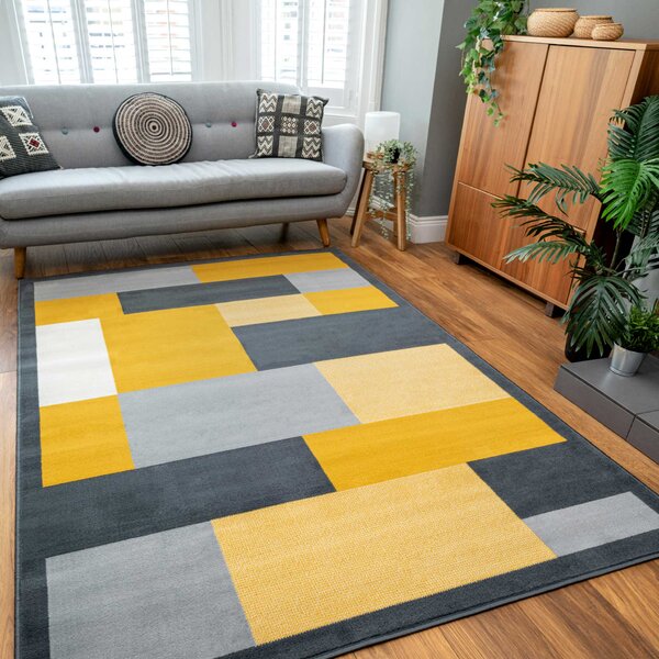 Yellow Grey Modern Geometric Bedroom Rugs - Milan - 60cm x 110cm