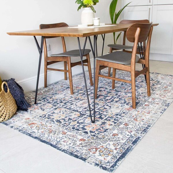 Blue Traditional Distressed Flat Low Pile Area Rug - Abella - 60cm x 110cm