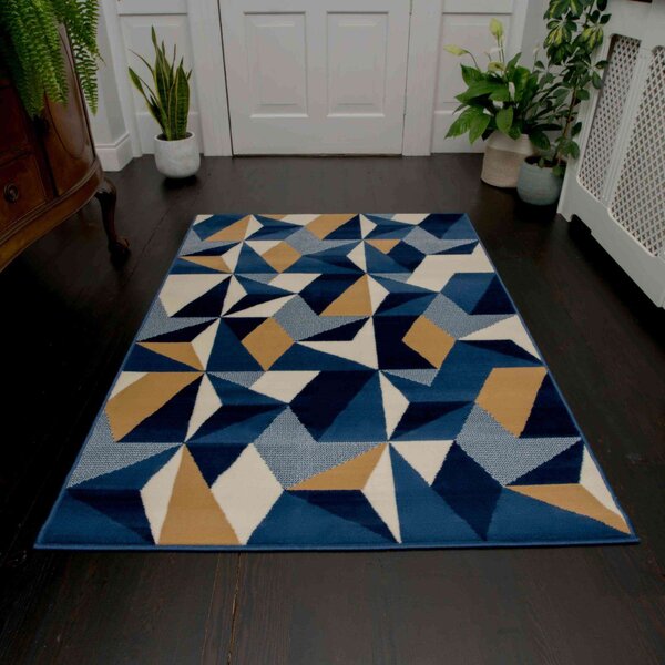 Blue Grey Modern Geometric Living Room Rugs - Milan - 60cm x 110cm