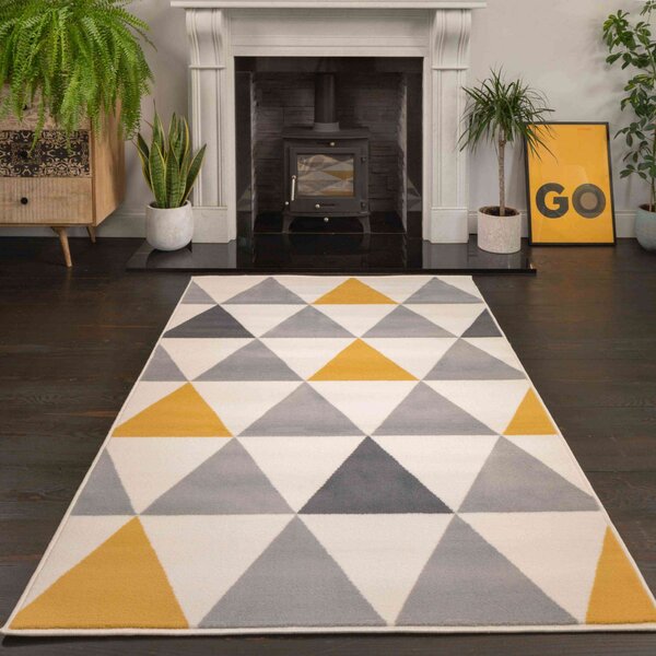 Yellow Grey Geometric Triangle Bedroom Rug - Milan - 60cm x 110cm