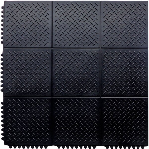 Interlocking Rubber Checker Plate Floor Mat 90x90cm - Black