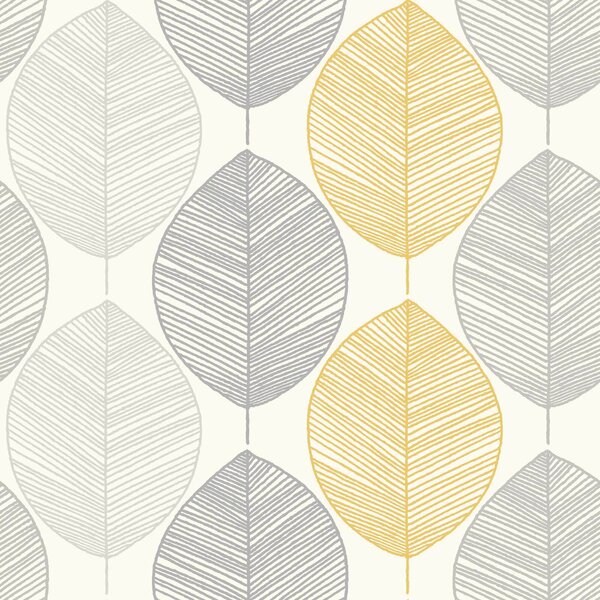Arthouse Scandi Leaf Smooth Glitter Yellow and Grey Wallpaper