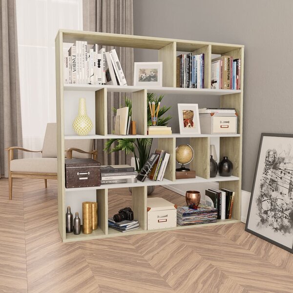 Room Divider/Book Cabinet White and Sonoma Oak 110x24x110 cm Engineered Wood
