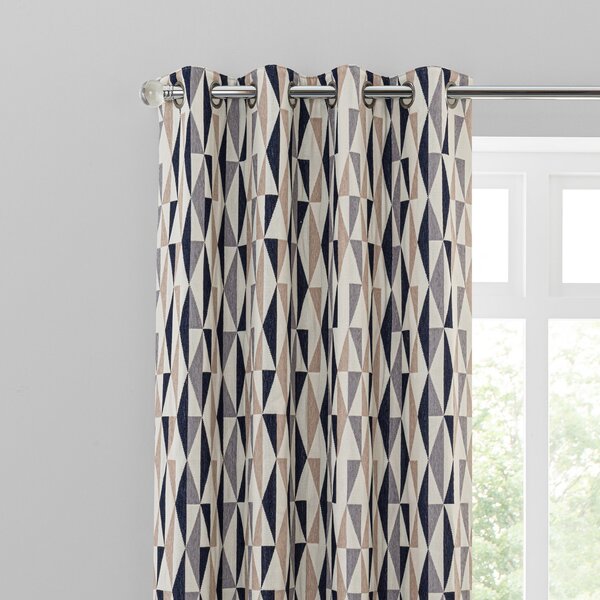Elements Triangles Navy Eyelet Curtains Navy Blue, Beige and White