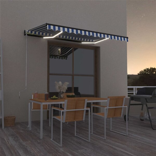 Manual Retractable Awning with LED 350x250 cm Blue and White