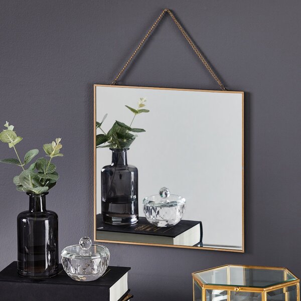 Hanging Chain Square Wall Mirror, Gold Effect Effect 27x27cm Gold Effect