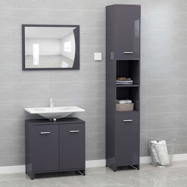 3 Piece Bathroom Furniture Set High Gloss Grey Engineered Wood