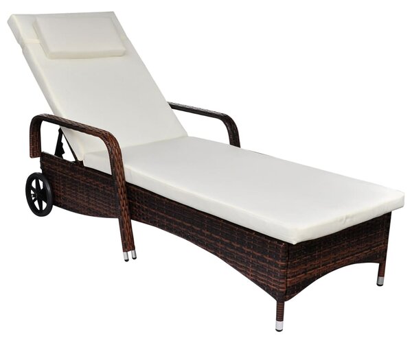 Sun Lounger with Wheels Poly Rattan Brown