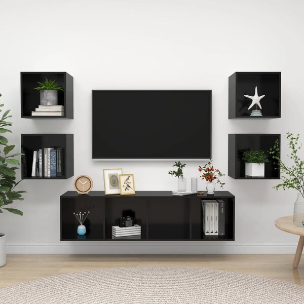 5 Piece TV Cabinet Set High Gloss Black Engineered Wood