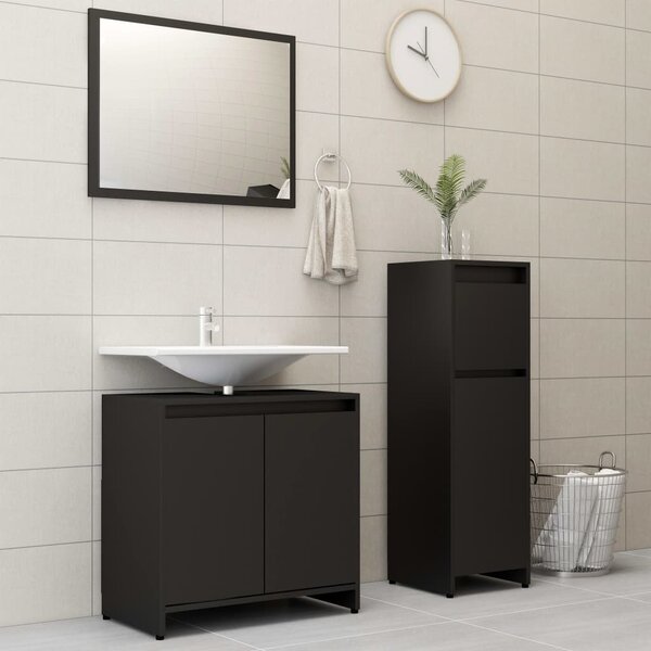 3 Piece Bathroom Furniture Set Black Engineered Wood