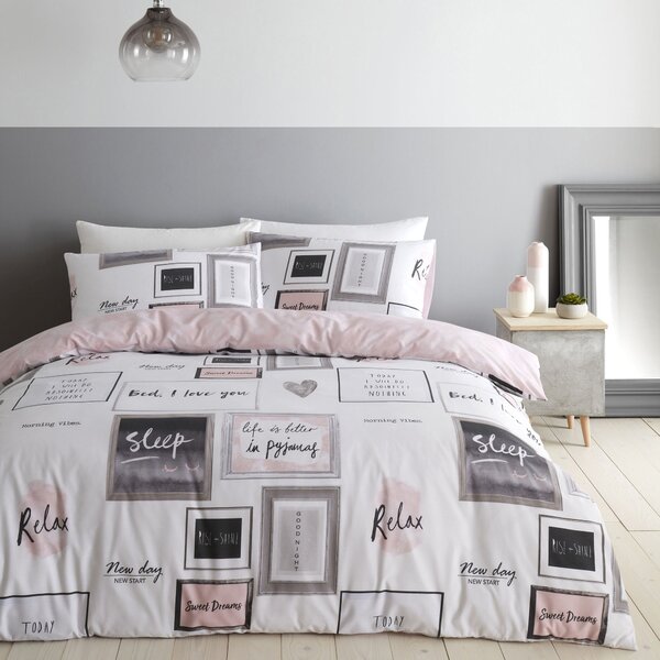 Catherine Lansfield Blush Sleep Dreams Duvet Cover and Pillowcase Set Pink