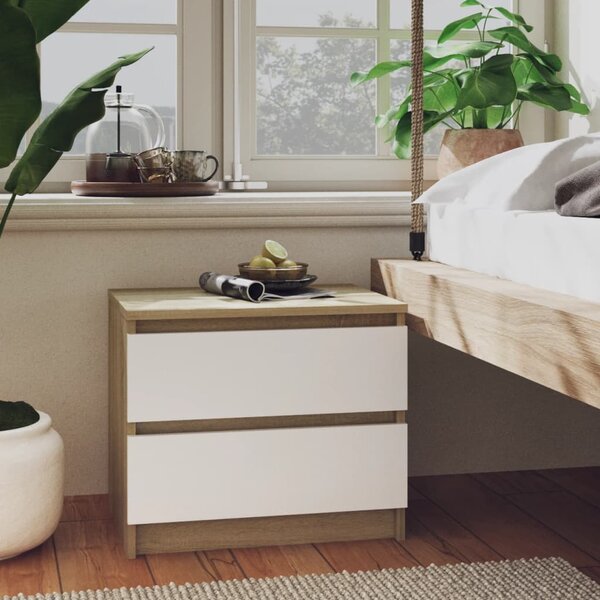 Bed Cabinet White and Sonoma Oak 50x39x43.5 cm Engineered Wood