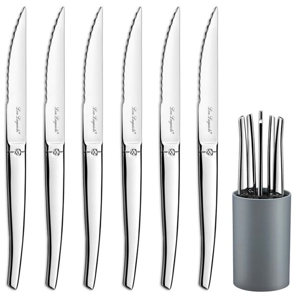 Lou Laguiole Steak Knife Set with Block "Jet" 6pcs Stainless Silver