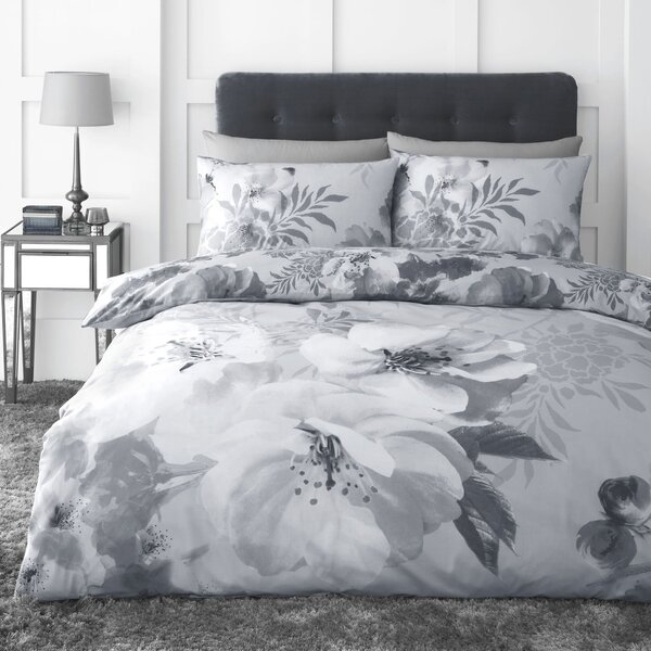 Dramatic Floral Silver Reversible Duvet Cover and Pillowcase Set Silver
