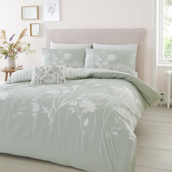 Catherine Lansfield Meadowsweet Floral Green Reversible Duvet Cover and Pillowcase Set Green
