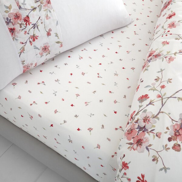 Catherine Lansfield Jasmine Floral Fitted Sheet White and Pink