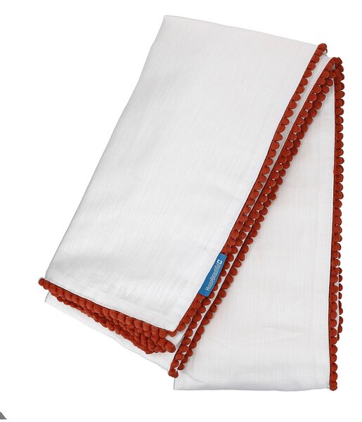 House Beautiful Linen Blend Pom Pom Tablecloth - White & Rust 140x230cm