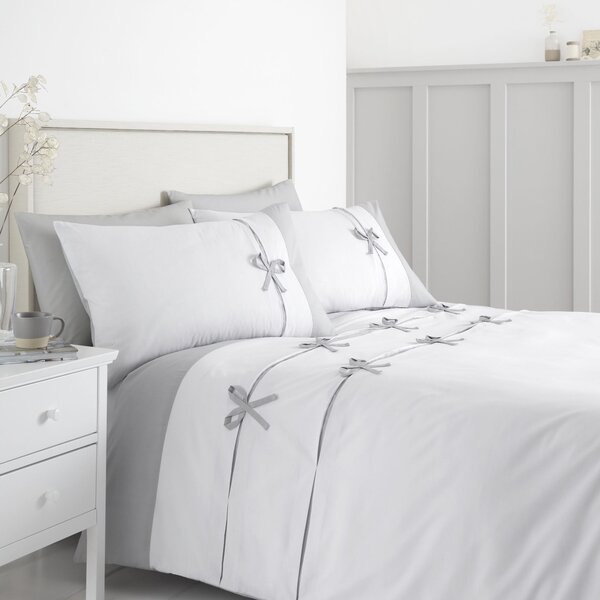 Milo Bow White and Grey Duvet Cover and Pillowcase Set Grey