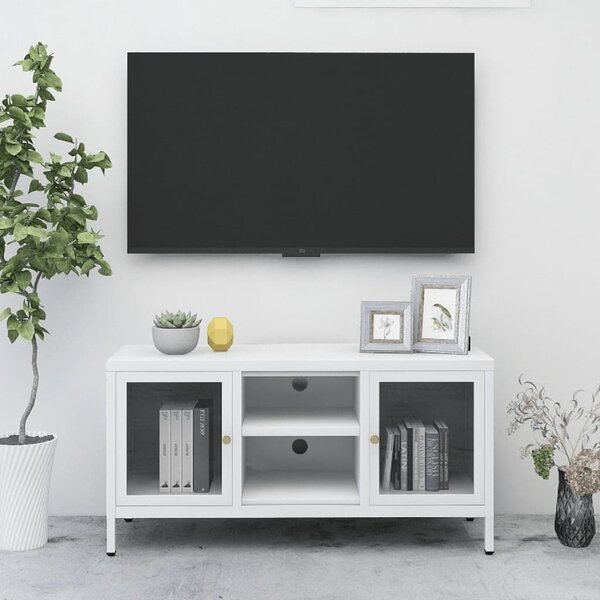 TV Cabinet White 105x35x52 cm Steel and Glass