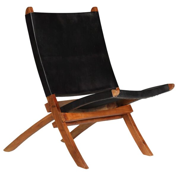 Folding Relaxing Chair Black Real Leather