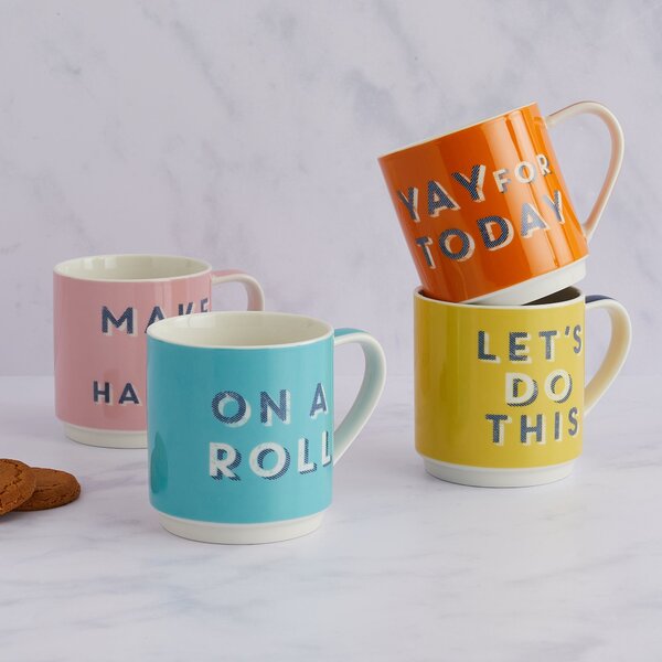 Set of 4 Slogan Stackable Mugs Blue/Pink/Yellow