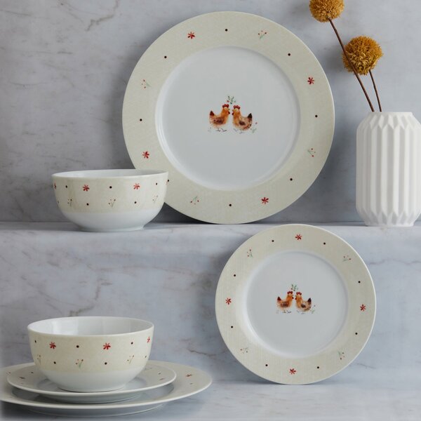 Mabel and Martha 12 Piece Dinner Set White/Red/Brown