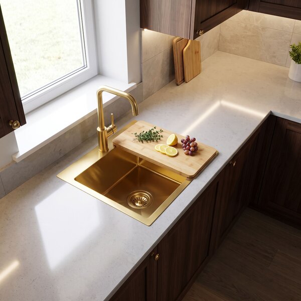 Steel sink with 3-piece accessory set REA Leo 40 Brush Gold