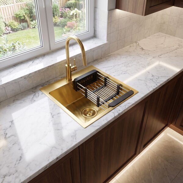 Steel sink with 3-piece accessory set REA Leo 40 Brush Gold
